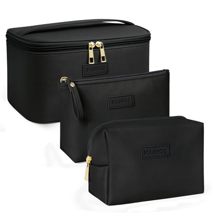MAANGE 3 Pcs Makeup Bag(L+M+S) Travel Cosmetic Bags with Brush Compartment PU Leather Small Makeup Bag Portable Make Up Bag Versatile Zipper Makeup Pouch for Women, Black