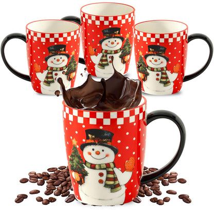 HASENSE Coffee Mugs, 15 OZ Coffee Cups Ceramic Set of 4 with Handle and Snowman Patterns for Man Woman, Colorful Christmas Porcelain Coffee Cups Set for Tea, Cocoa, Milk, Latte and Cappuccino
