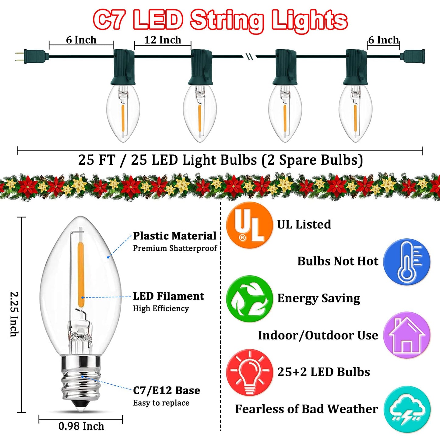 Bokoiuu C7 LED Christmas String Lights, 25FT Vintage String Lights with 27 Clear LED Bulbs(2 Spare), Hanging Outdoor Lights for Christmas Party Backyard Wedding - Green Wire