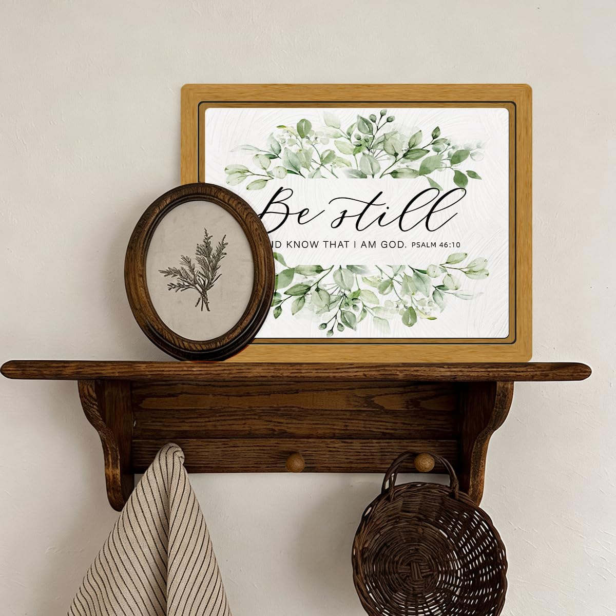 BIWSHA Rustic Farmhouse Christian Bible Verses Wall Art Decor, Inspirational Botanical Sage Green Wooden Framed Wall Hanging Art Decor for Home Office Bedroom, Be Still PSALM 46, 12x9.4in