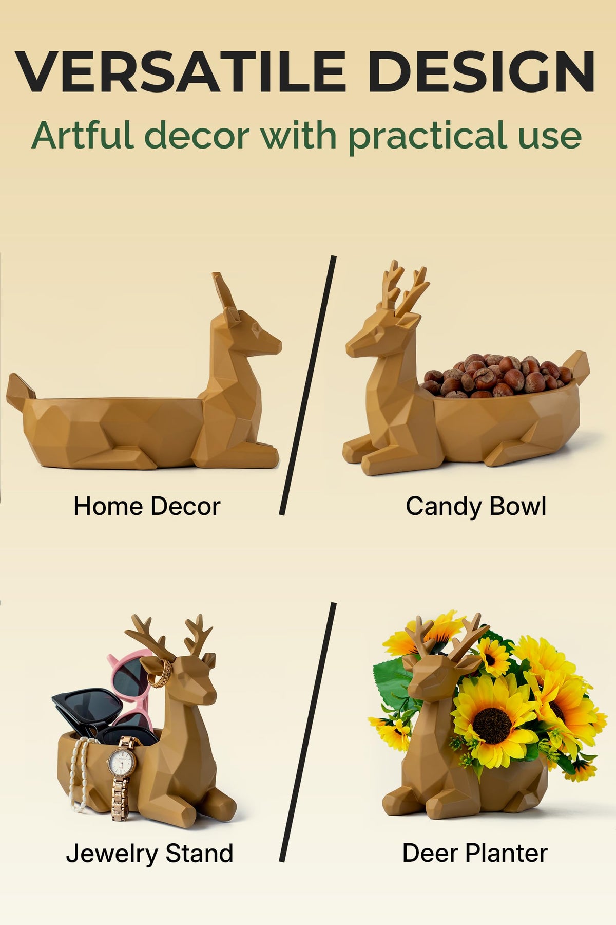 Fuzrea Low-Poly Deer Bowl, Resin Reindeer Statue, Deer Candy Dish & Key Holder, Deer Desk Decor for Living Room, Entryway, Dining Table, Office, Shelves