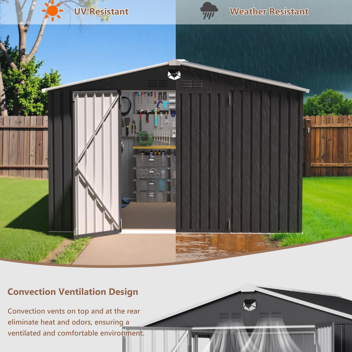 Benass 10X8 FT Outdoor Storage Shed, Metal Garden Shed - Tool Storage Sheds with Lockable Doors & 1 Clear Window, Waterproof Outside Storage Building for Backyard, Patio (Black; Floor Not Included)