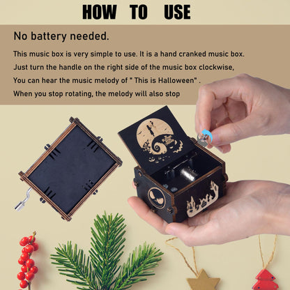 Keast Funny Wooden Hand Crank Music Box, Engraving Nightmare Musical Box Melody Plays This is Halloween Home Decor for Halloween Valentine's Day Christmas