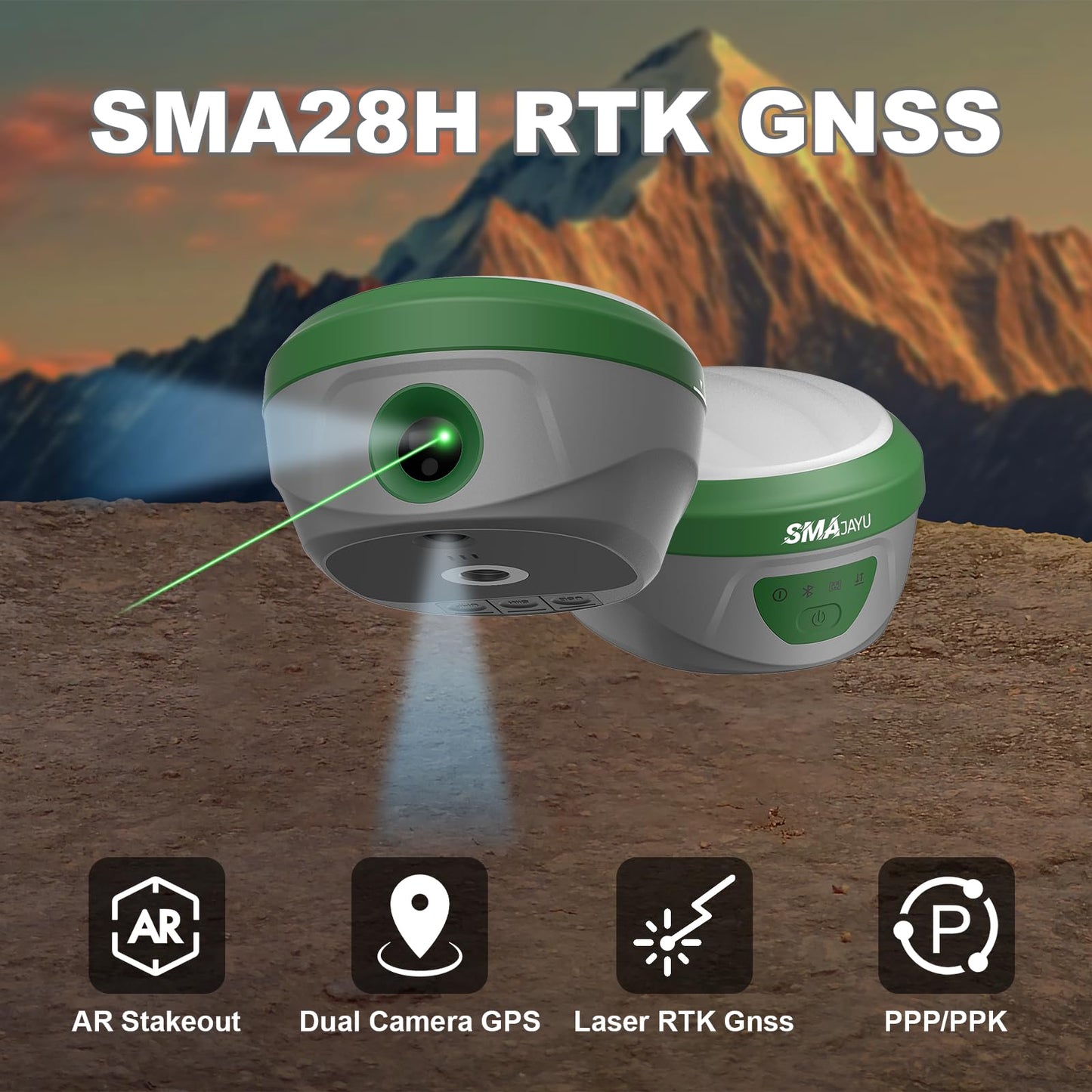 SMAJAYU SMA28H Laser AR Rover RTK & SMA26 Pro Base GNSS Survey System Work as Base Station for Drones/UAVs Dual Cameras AR Visual Stakeout|Laser 30m|2cm Accuracy|120° IMU|15km UHF|4G/BT/NFC/PPK/NTRIP