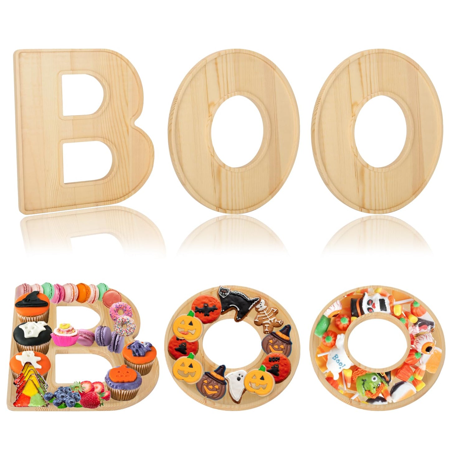 3pcs The Letters Boo Wooden Charcuterie Board, 12 Inch Larger Halloween Food Trays, Fillable The Letters Shaped Serving Platter for Snack Candy Cookie Dessert, Perfect for Halloween Party Decoration