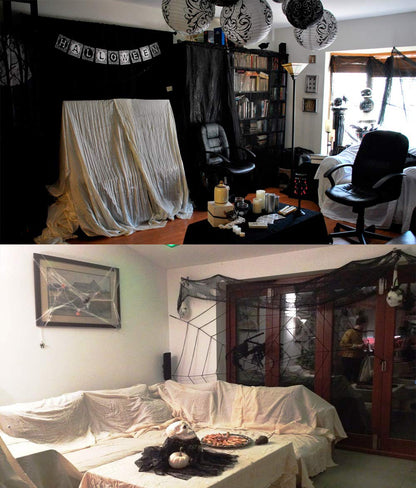 CMD 2PCS Large Scary Halloween Decor Creepy Cloth Decorations Realistic Spooky Fabric Gothic Black Purple Grey Cheesecloth Drape Netting Decoration(Black&Grey, 78" x 98")