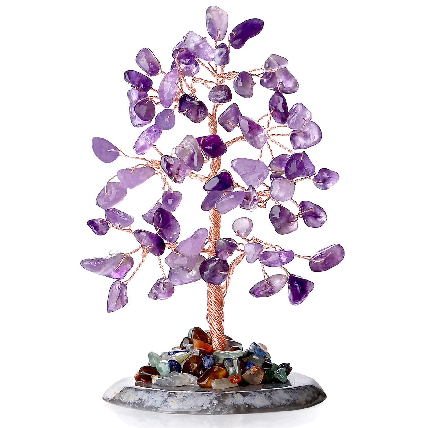 Amethyst Healing Crystal Tree of Life Natural Gemstone Agate Slice Base Copper Wire Wrapped Money Trees Feng Shui Reiki Spiritual Energy Decorations Home Office Room Desk Decor Gifts for Women Men