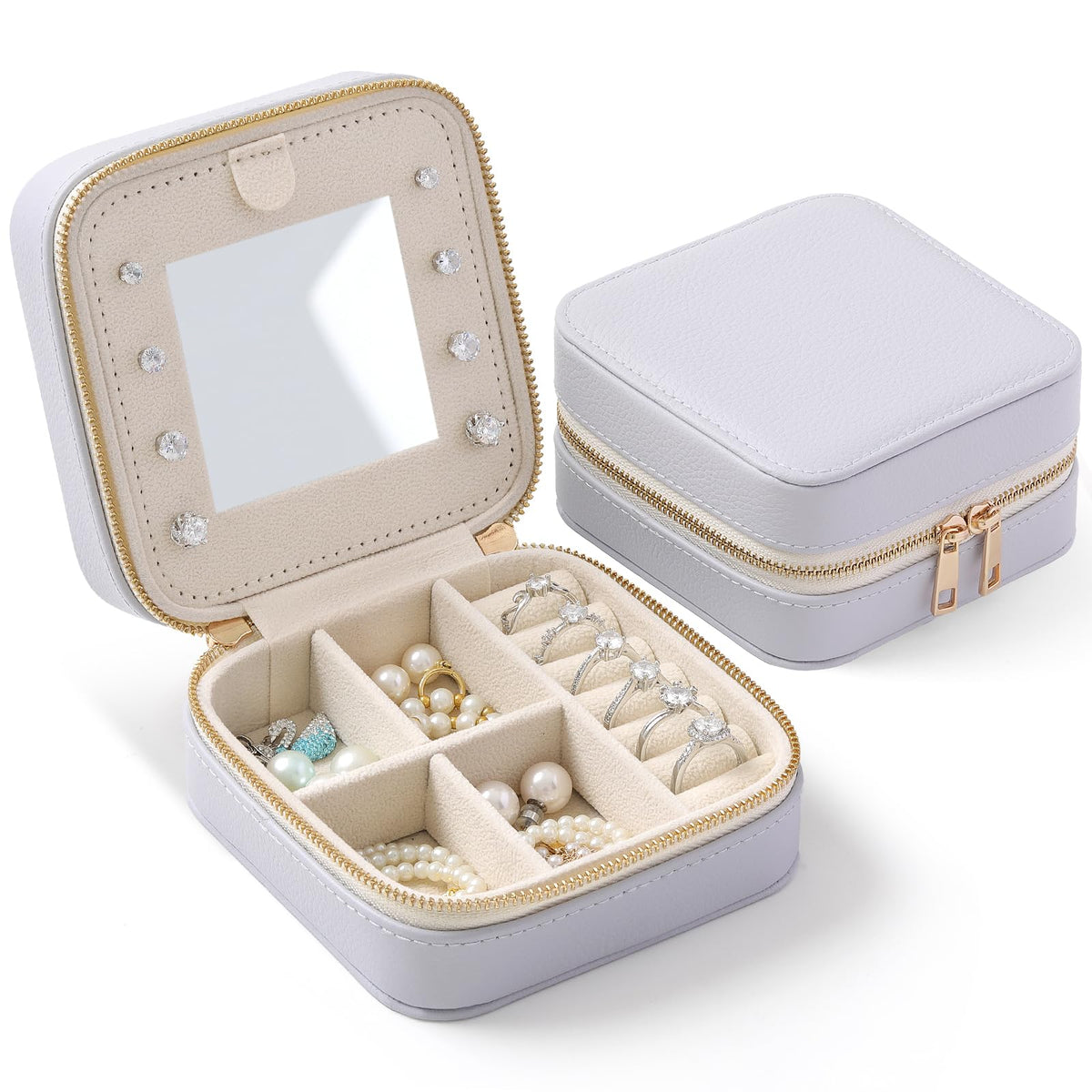 NGVRC Genuine Leather Travel Jewelry Organizer Case with Mirror for Women, Small Mini Portable Jewelry Box for Ring Earrings Necklace Bracelet Luxury Gift for Women（Lilac）