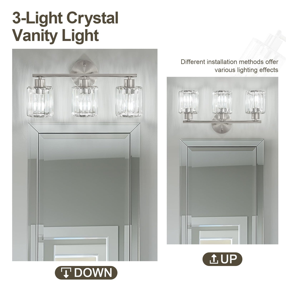 Kvhiiw Crystal Bathroom Light Fixtures, Bathroom Lighting Fixtures Over Mirror, Modern 3-Light Brushed Nickel Vanity Lights for Mirror, Restroom, Kitchen(Ceramic E26 Socket,Bulbs Not Include)