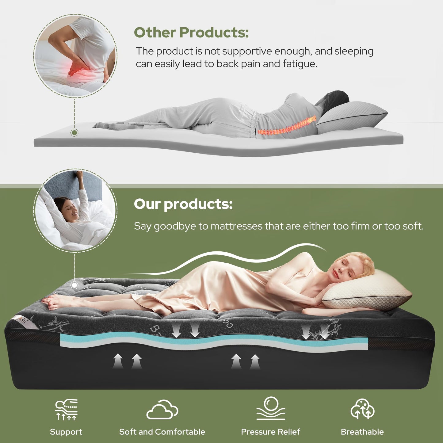 BEDLORE 4 Inch Memory Foam Mattress Topper King,2-in-1 Dual Layer Design (2" Gel Memory Foam + 2" Plush Pillow Top Cover) Mattress Topper Medium-Firm,Pressure Relief & Back Pain Support(Dark Gray)