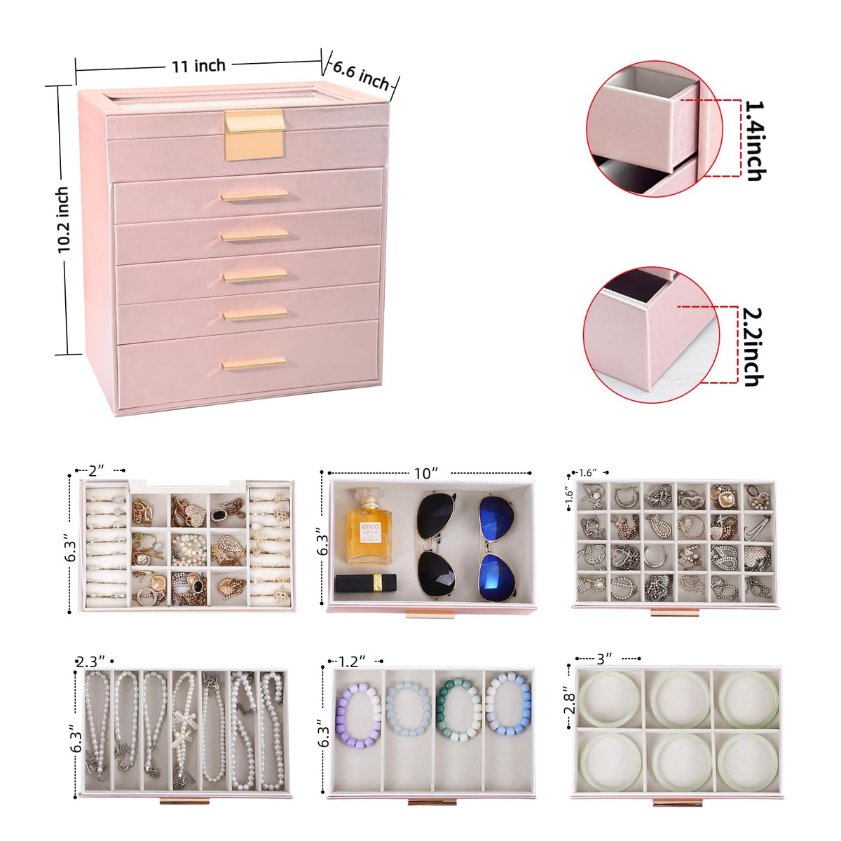 BOOVO Jewelry Boxes for Women, White and Black 6 Layer Large Jewelry Box for Necklace, Bracelet, Earrings, Rings Storage, Jewelry holder Organizer for Girls Gift (Rose gold, 6 layer)