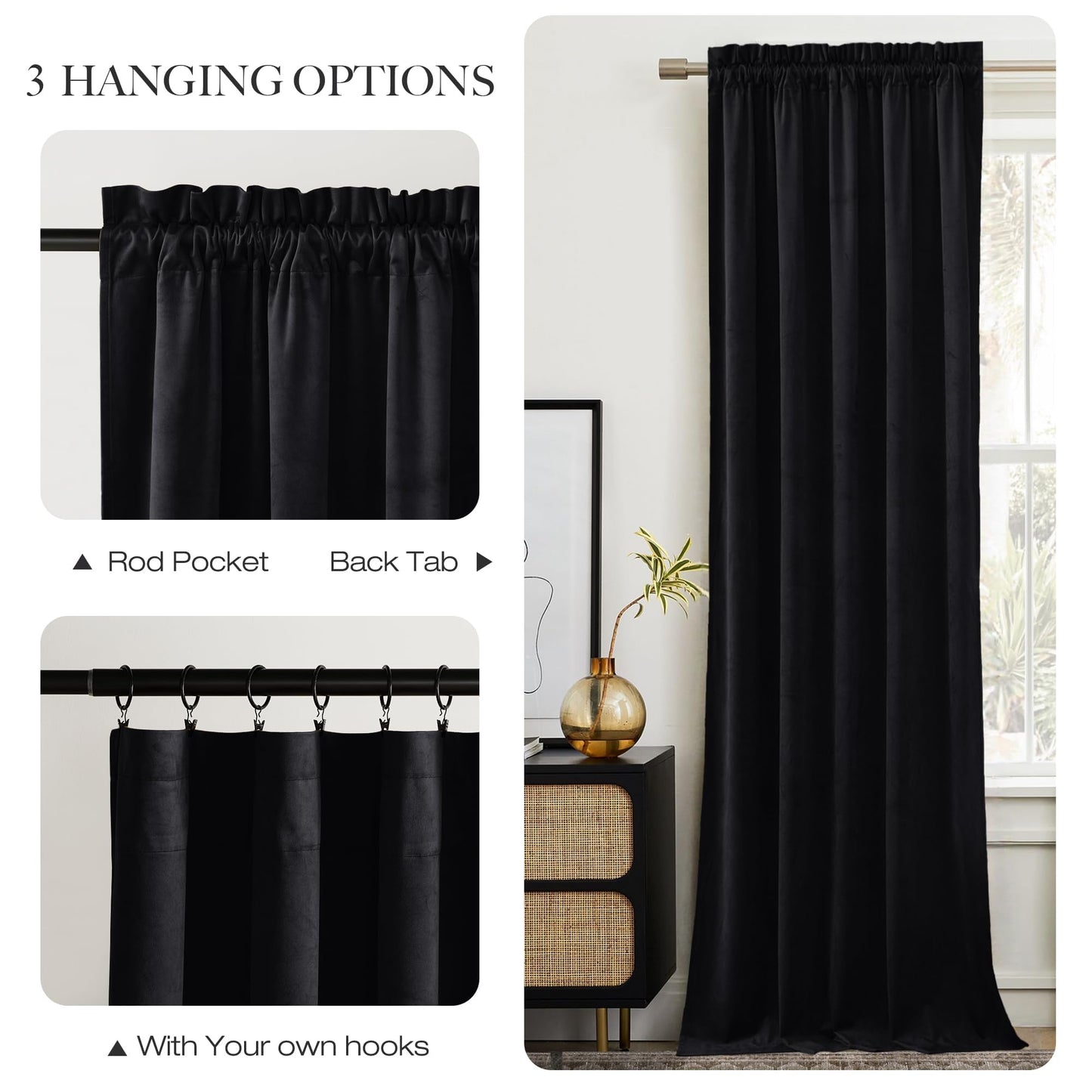 NICETOWN Halloween Black Velvet Blackout Curtains 96 inch Long for Bedroom and Living Room, Thermal Curtains Solid Heavy Rod Pocket Drapes/Window Treatments for Hall, Theater (2 Pieces, 52 W)