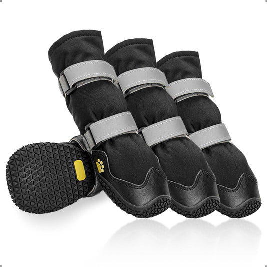 Anti-Slip Dog Shoes with Reflective Straps, High Dog Boots Waterproof, Wear-resistant Leather Rubber Sole Dogs Paw Protector for Small Medium Large Dogs 4 Pcs(L, Black)