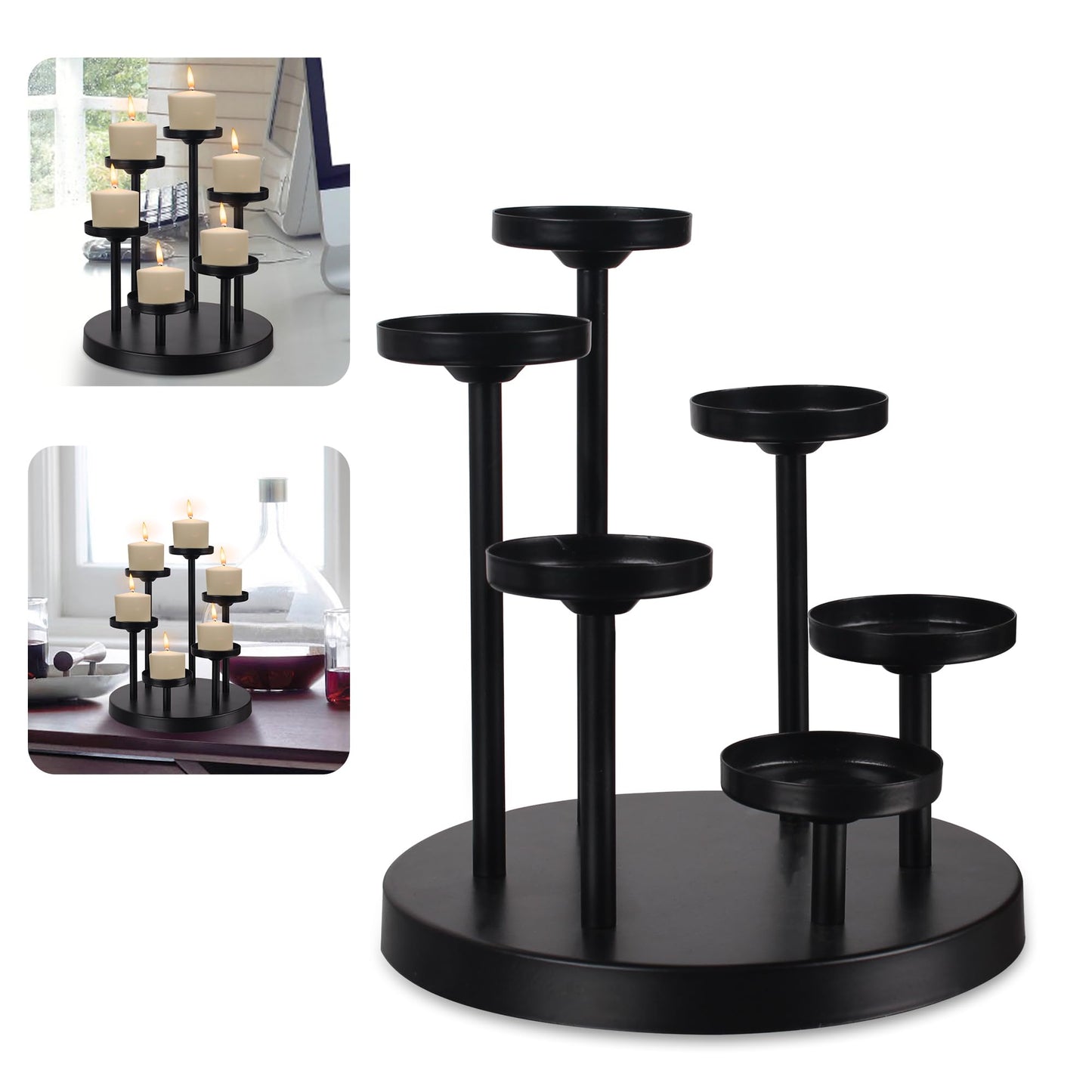 yucanucax 6arms Tea Candle Holder Tray, Metal Black Candlestick Holder, Candle Holders Set of 6 padk Tea Candle Light, for Dining Room, Table Centerpiece Decor,Decorative Tray…