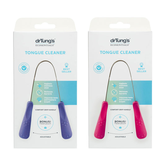 DrTung’s Stainless Tongue Scraper - Tongue Cleaner for Adults, Kids, Helps Freshens Breath, Easy to Use Comfort Grip Handle, Comes with Fabric Travel Pouch - Stainless Steel Tongue Scrapers, (1 Count)