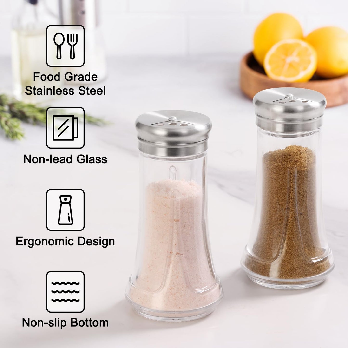 Glass Salt and Pepper Shakers Set by Neodaco, 4 OZ Salt Shaker with Stainless Steel Lid, Modern Kitchen Decor for Home, Restaurant