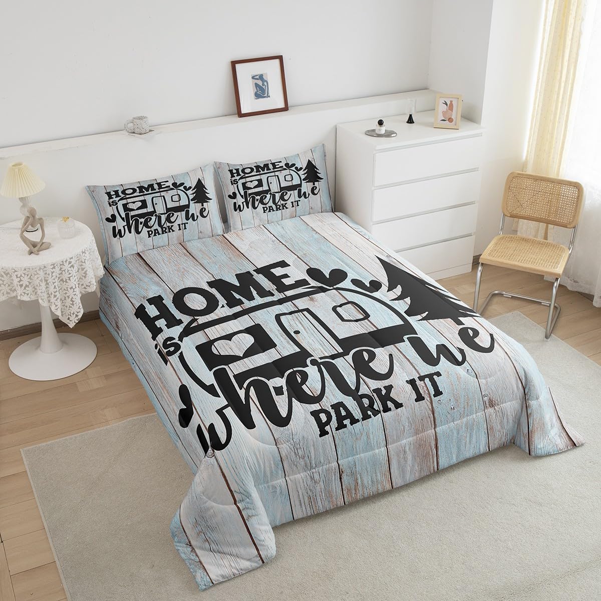 Farmhouse Rustic Camping Queen Size Comforter Set,Funny Home Where We Park It Bedding Set with 2 Pillowcases,Explore Camper Gifts RV Life Breathable Durable Inner Fill Polyester Bedspread