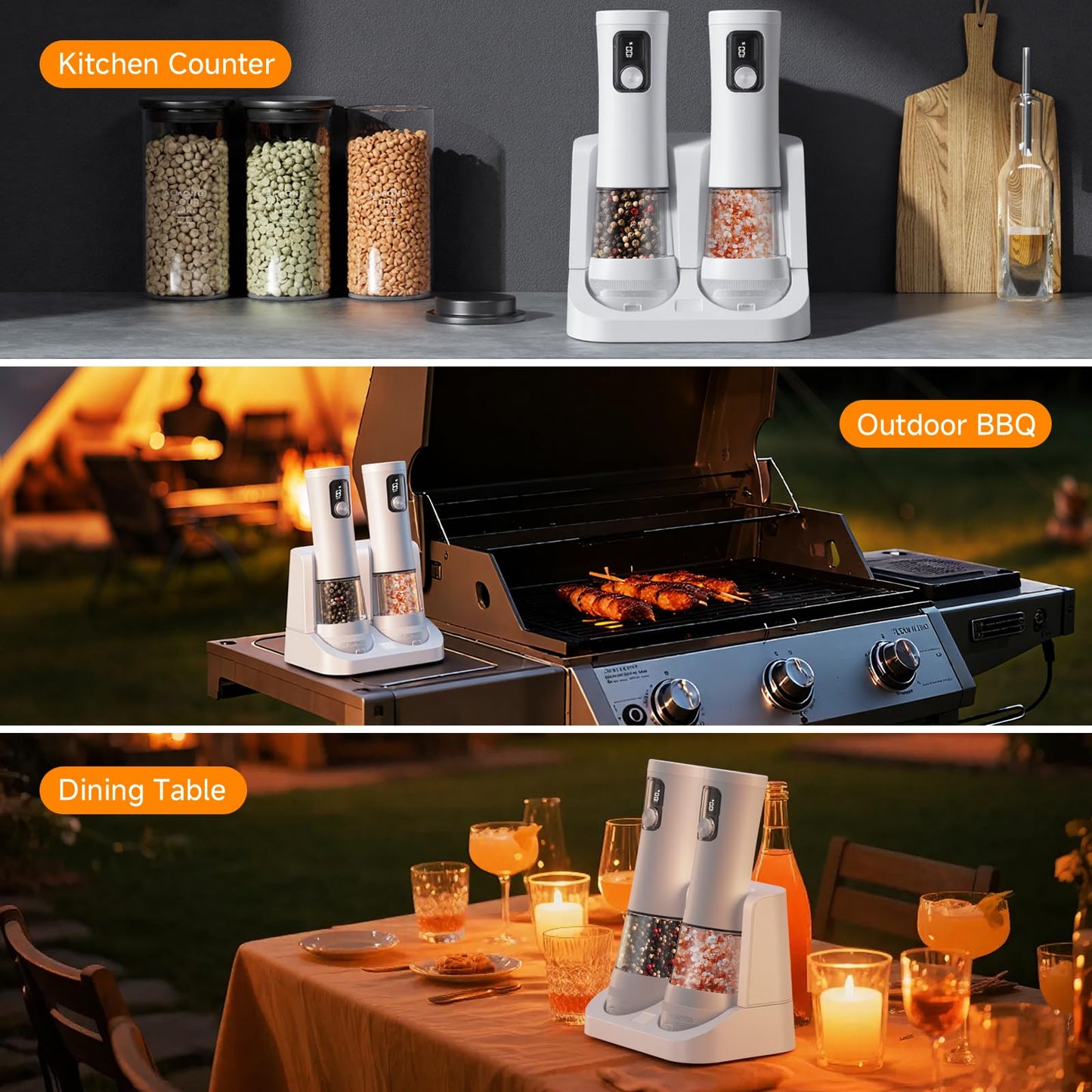Electric Salt and Pepper Grinder Set,2 Pack Rechargeable Automatic Pepper Mill,with Charging Base,5 Level,Display,LED Lighting,Large Capacity,Kitchen Gift (2, White, Charging Base)