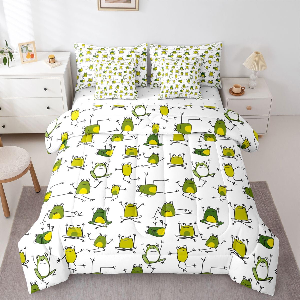 Erosebridal Green Frog Bed in a Bag Queen Comforter Set 7-Piece | Funny Frog Bedding Sets Cartoon Wild Animals Comforter and Sheet Set, Cute Reptile Lovely Wildlife Room Decor