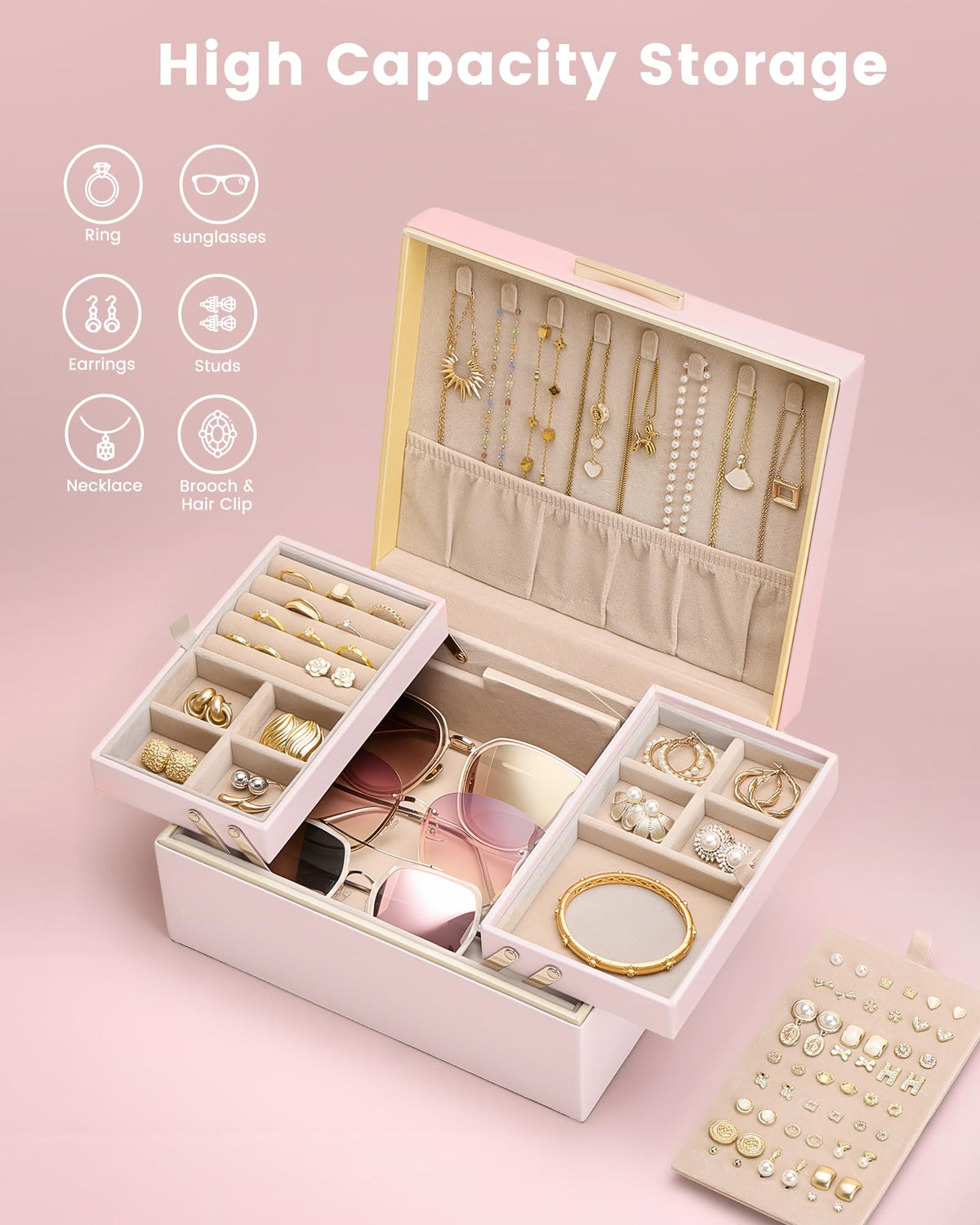 Lolalet Jewelry Box Organizer for Women Girls, 2 Layer Jewelry Organizers and Storage for Necklace Earrings Rings Bracelets, Large Jewellery Holder Case Birthday Valentine Gifts -Pink