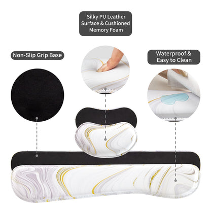 QiyI Leather Desk Mat Set, 4-in-1 Large Mouse Pad with Wrist Rest, Non-Slip Desk Pad + Keyboard Wrist Rest + Mouse Wrist Support + Coaster, Office Desk Accessories Home Decor Supplies, White Marble