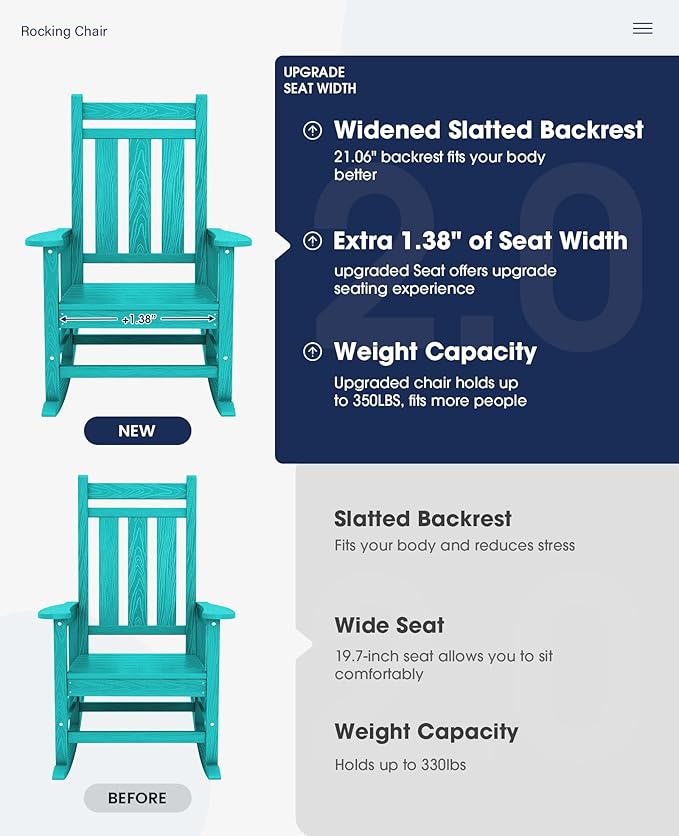 KINGYES Oversized Outdoor Rocking Chair Set of 2, All-Weather Patio Rocking Chairs for Porch, HDPE Outdoor Patio Rockers with High Back & Wide Seat for Garden, Lawn, Aruba