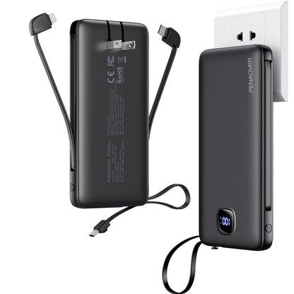Portable Charger with Built-in Cables&AC Wall Plug,Slim 10000mAh 22.5W Fast Charging Power Bank,5 Output 2 Input USB-C External Battery Pack Compatible with iPhones,Samsung,Android, etc