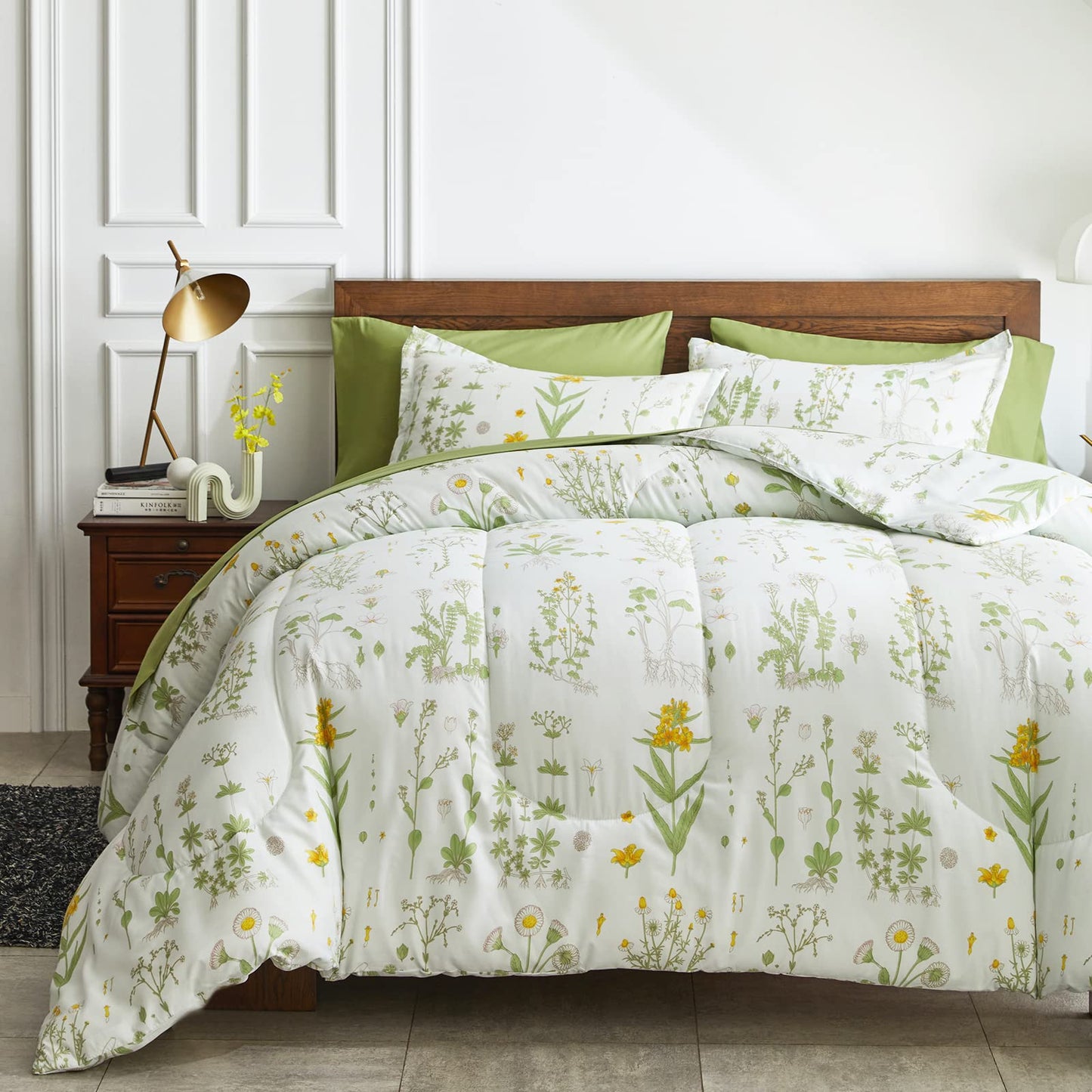 Joyreap 7 Piece Botanical Bed in a Bag Queen, Green Leaves Yellow Flower on Green Tint, Smooth Soft Microfiber Comforter Sheet Set for All Season