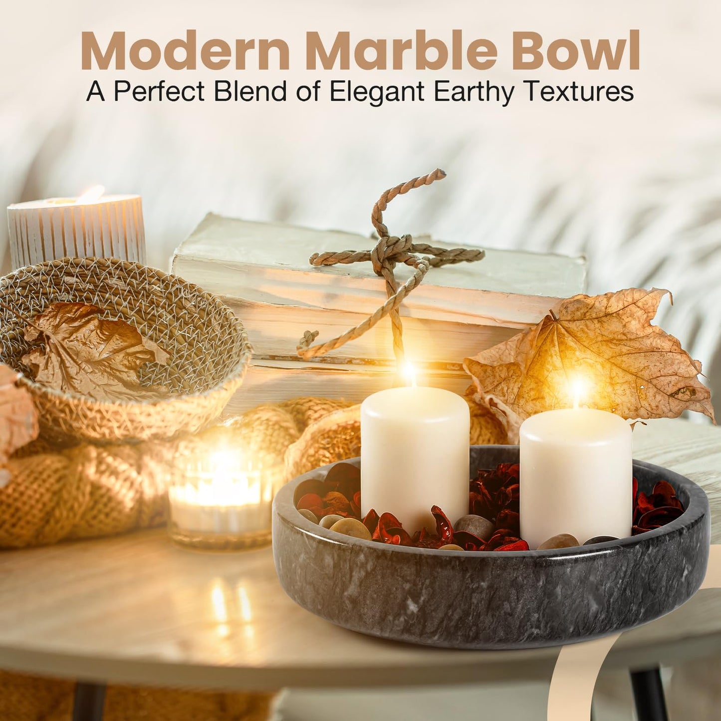 FNTSTICGOODS Marble Decorative Bowl - 7.5" Natural Black Solid Marble Centerpiece - Handmade Stone Fruit Bowl - Catch-All or Key Bowl for Kitchen - Modern Minimalist Decor