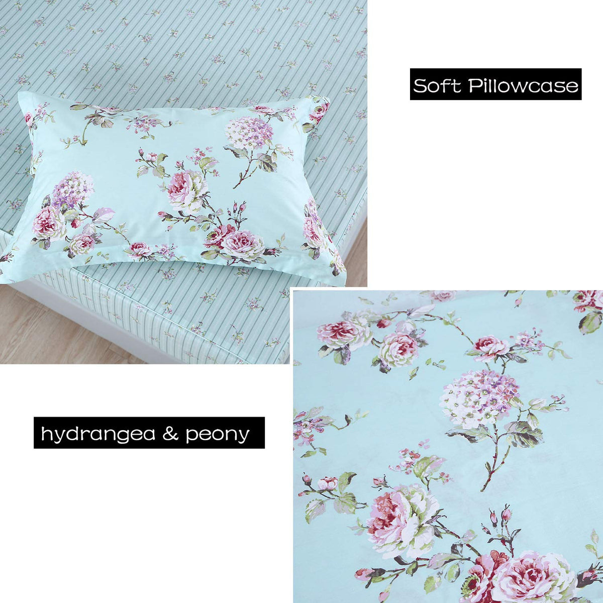 FADFAY Premium 100% Cotton Floral Sheet Set Queen – French Country Rose & Hydrangea Botanical Bedding, Ultra Soft Breathable Vintage Garden Bed Sheets, Deep Pocket Fitted Sheet, 4-Piece