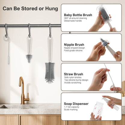 Baby Bottle Brush,6 in 1 Bottle Cleaner Set with Extendable Silicone Bottle Brush,Drying Rack,Nipple & Straw Brushes,Soap Dispenser & Organizer Case,Ideal Gifts for Babies& Moms