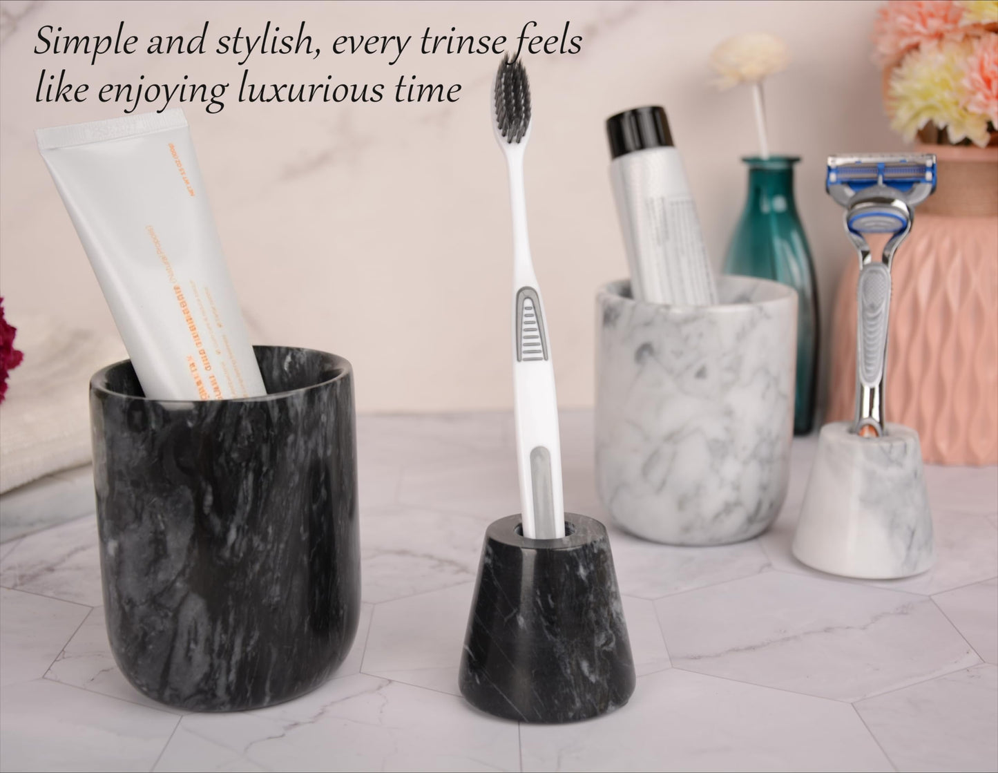 Natural Marble Toothbrush Holder and Toothbrush Cup Set,Handmade Toothbrush Holder for Bathroom Countertop Toothbrush and Toothpaste Holder Set,Better Choice for Housewarming Gift（Black Grey）