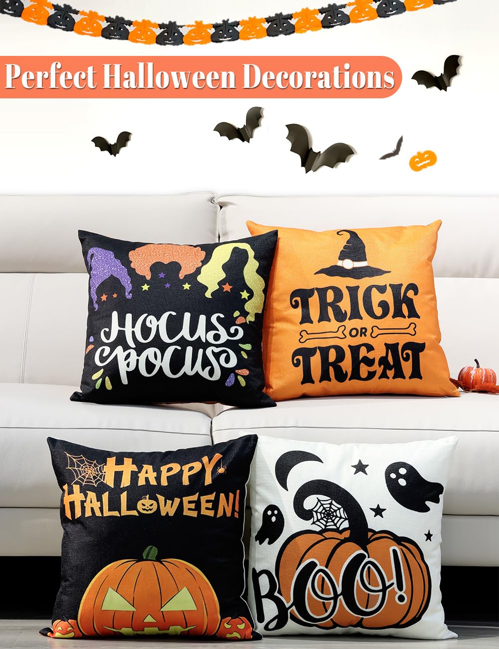 TOYPOPOR Halloween Decorations Double-Side Printing Pillow Covers 18'' x 18'' Set of 4, with 8 Cute Halloween Decor Patterns, Invisible Zipper, Durable Soft Linen Throw Pillow Covers Outdoor Indoor