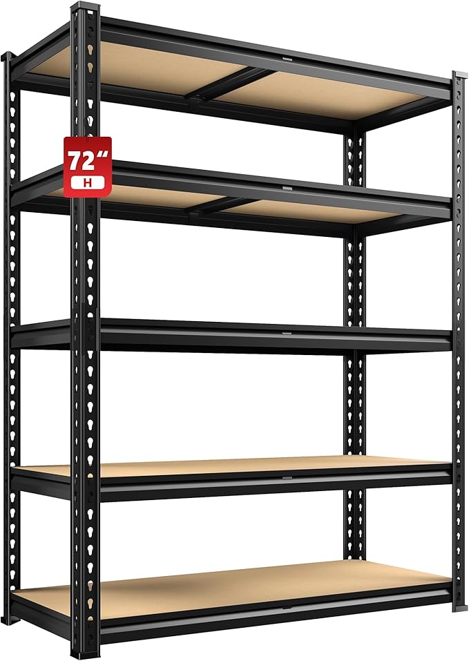 REIBII 2400LBS Storage Shelves 5 Tier Garage Shelving Heavy Duty Adjustable Garage Shelves, Utility Rack Shelf, Shelving Units for Storage Warehouse Pantry Closet, 35.5" W x 11.9" D x 72" H, Black
