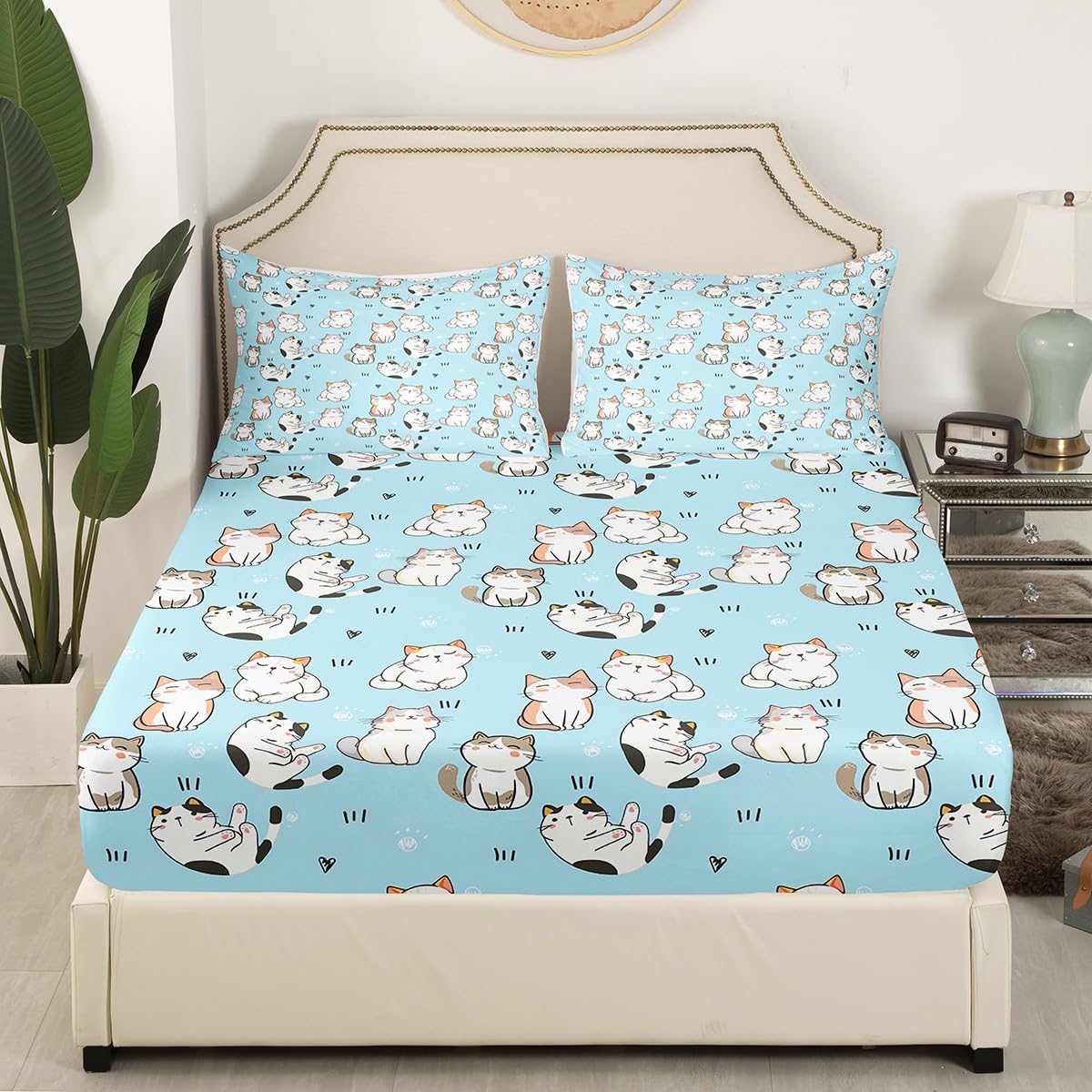 Erosebridal Kawaii Cat Sheet Sets Full, Cartoon Cat Fitted Sheet for Kids Boys Girls, Garfield Paw Print Bed Sheets, Cute Animal Kitten Flat Sheet + Love Heart Top Sheet + 2 Pillowcases, Blue