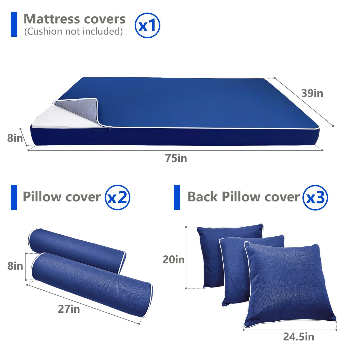 Outdoor Twin Size Daybed Mattress Cover Waterproof, Porch Swing Bed Cushion Covers with Zip,Outdoors Bedding Cushions Pillow Bolster Fitted Sheet Slipcover,ONLY COVER (Navy Blue, 75*39*6inch)