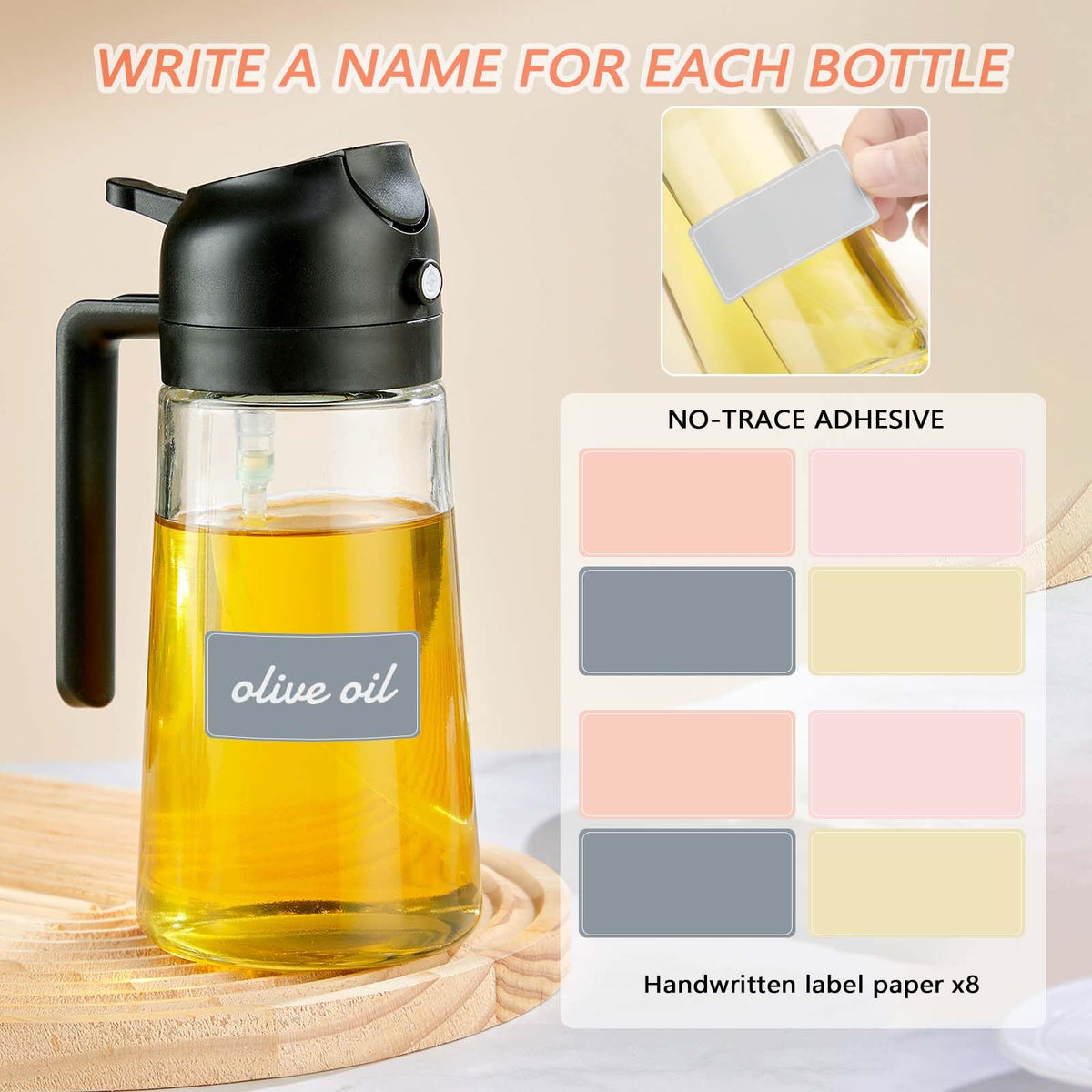 JULEHUI With Stickers 16oz Olive Oil Sprayer for Cooking - 2 in 1 Spray & Pour Olive Oil Dispenser - 470ml Glass Spray Oil Bottle - Kitchen Gadgets