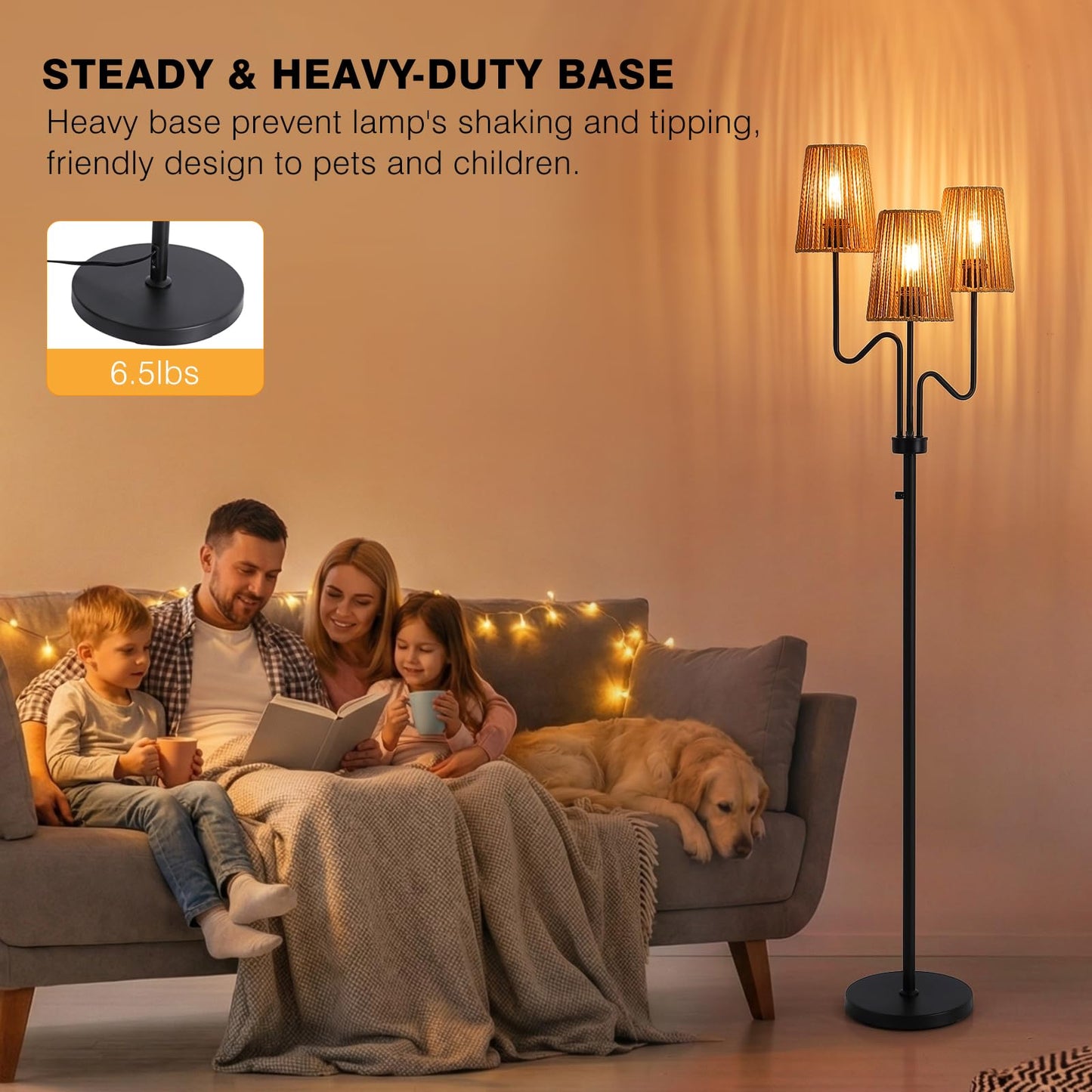 9MMML Farmhouse Boho Dimmable Floor Lamp with Rattan Shade, 68'' Tall Floor Standing Lamp, 3-Light Floor Lamp for Living Room, Bedroom, Office, Corner, 3 x E26 LED Bulb Included