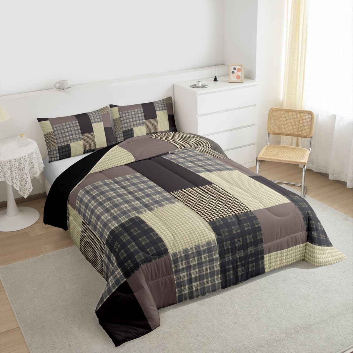 jejeloiu Plaid Comforter Set Queen Size Farmhouse Patchwork Bedding Set for Kids Boys Girls Rustic Lodge Cabin Duvet Quilt Check Checkered Bedroom Decor Microfiber 3 Pcs with 2 Pillow Cases