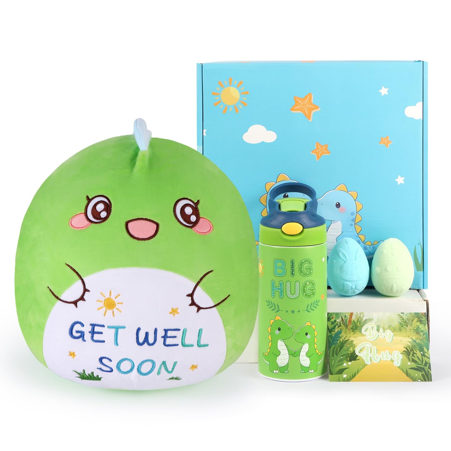 Get Well Soon Gift for Kids, Feel Better Gifts for Kids Boys, Dinosaur Stainless Steel Vacuum Tumbler & 12'' Get Well Soon Unicorn Plush Pillow, After Surgery Gifts for Boy (Dinosaur)
