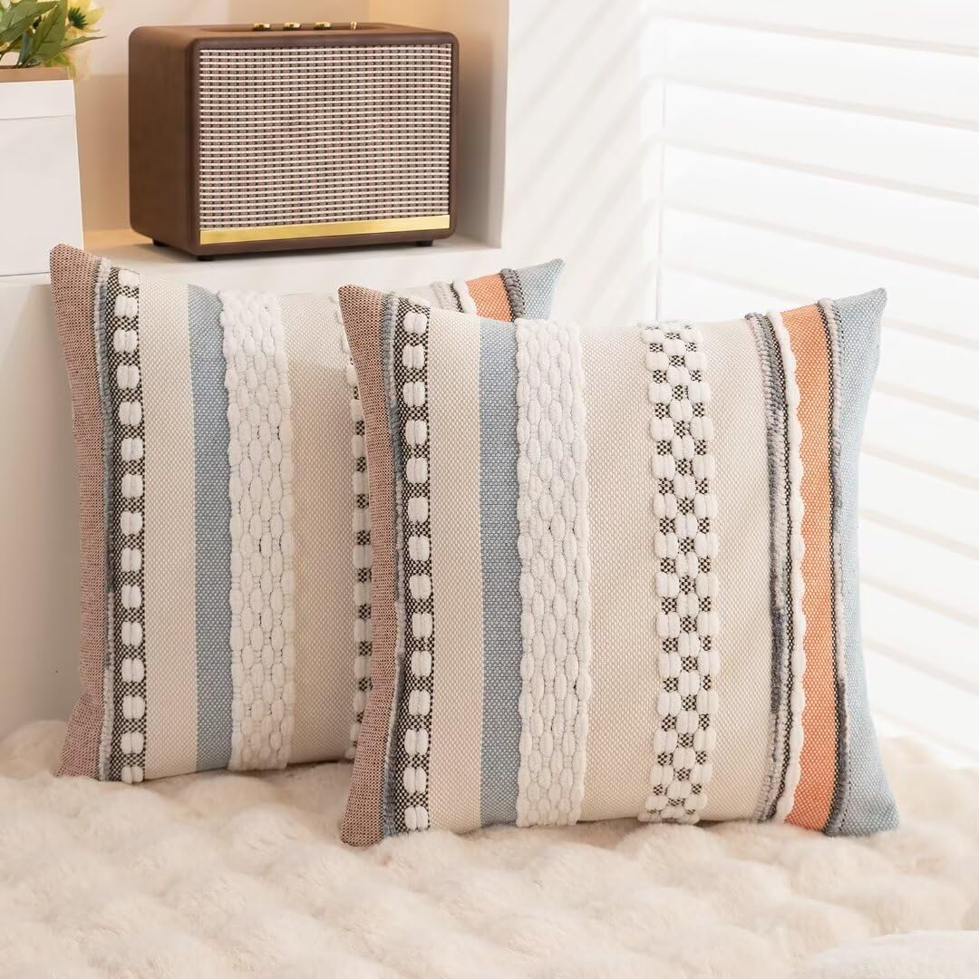 Boho Throw Pillow Covers 18x18 Set of 2 Farmhouse Decorative Cushion Case Striped Square Pillows Cover Chenille Pillow Cases Accent Neutral Pillowcase for Sofa Couch Bed,Sky Blue