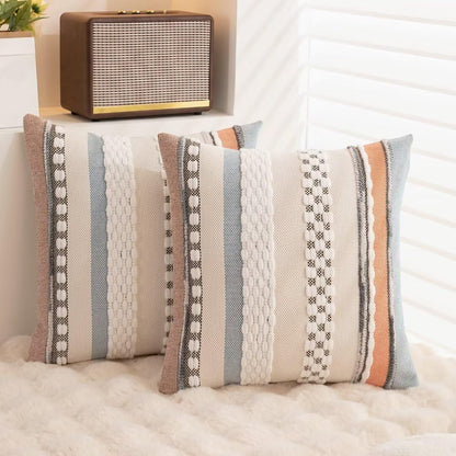 Boho Throw Pillow Covers 18x18 Set of 2 Farmhouse Decorative Cushion Case Striped Square Pillows Cover Chenille Pillow Cases Accent Neutral Pillowcase for Sofa Couch Bed,Sky Blue