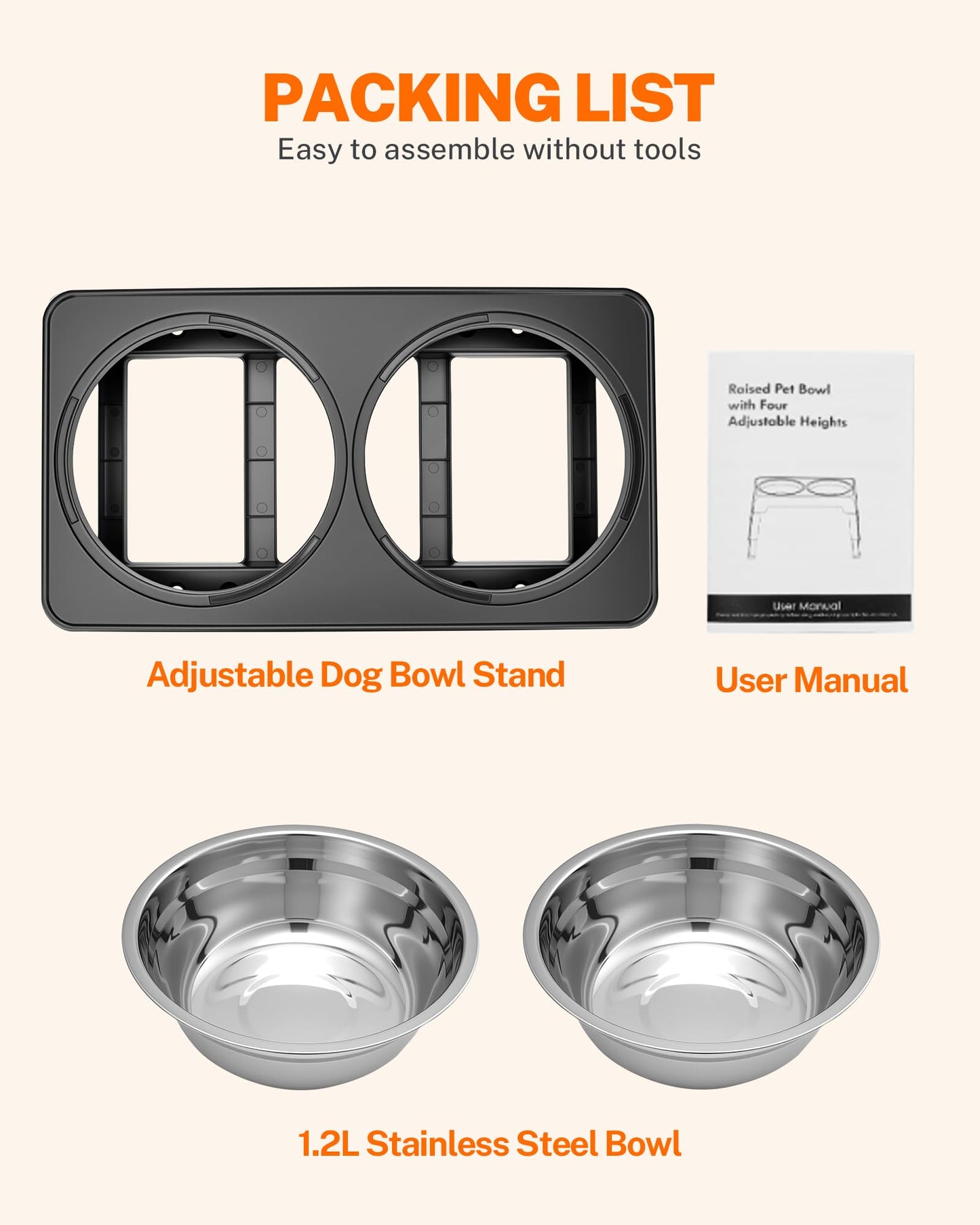 Toozey Raised Dog Bowl Height-Adjustable, Elevated Dog bowls with 2x 1200ml Stainless Steel Bowls, for Small Medium & Large Dogs, Non-Slip and No Spill, Black
