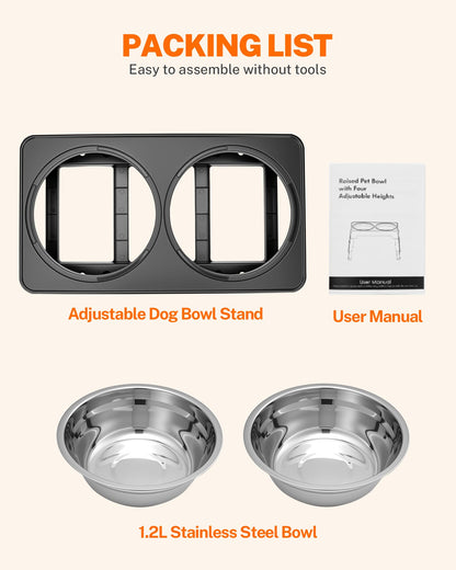 Toozey Raised Dog Bowl Height-Adjustable, Elevated Dog bowls with 2x 1200ml Stainless Steel Bowls, for Small Medium & Large Dogs, Non-Slip and No Spill, Black
