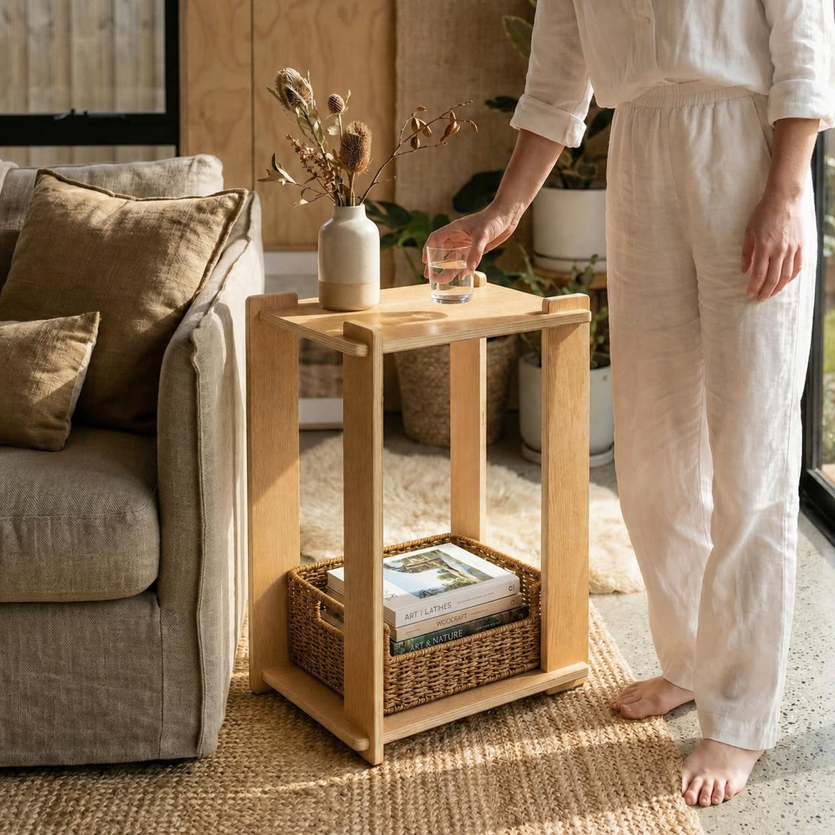 monohomi Wood Side Table, Tool-Free Mortise and Tenon Boho Japandi Night Stand, Light Wooden Natural Finish (Oak)