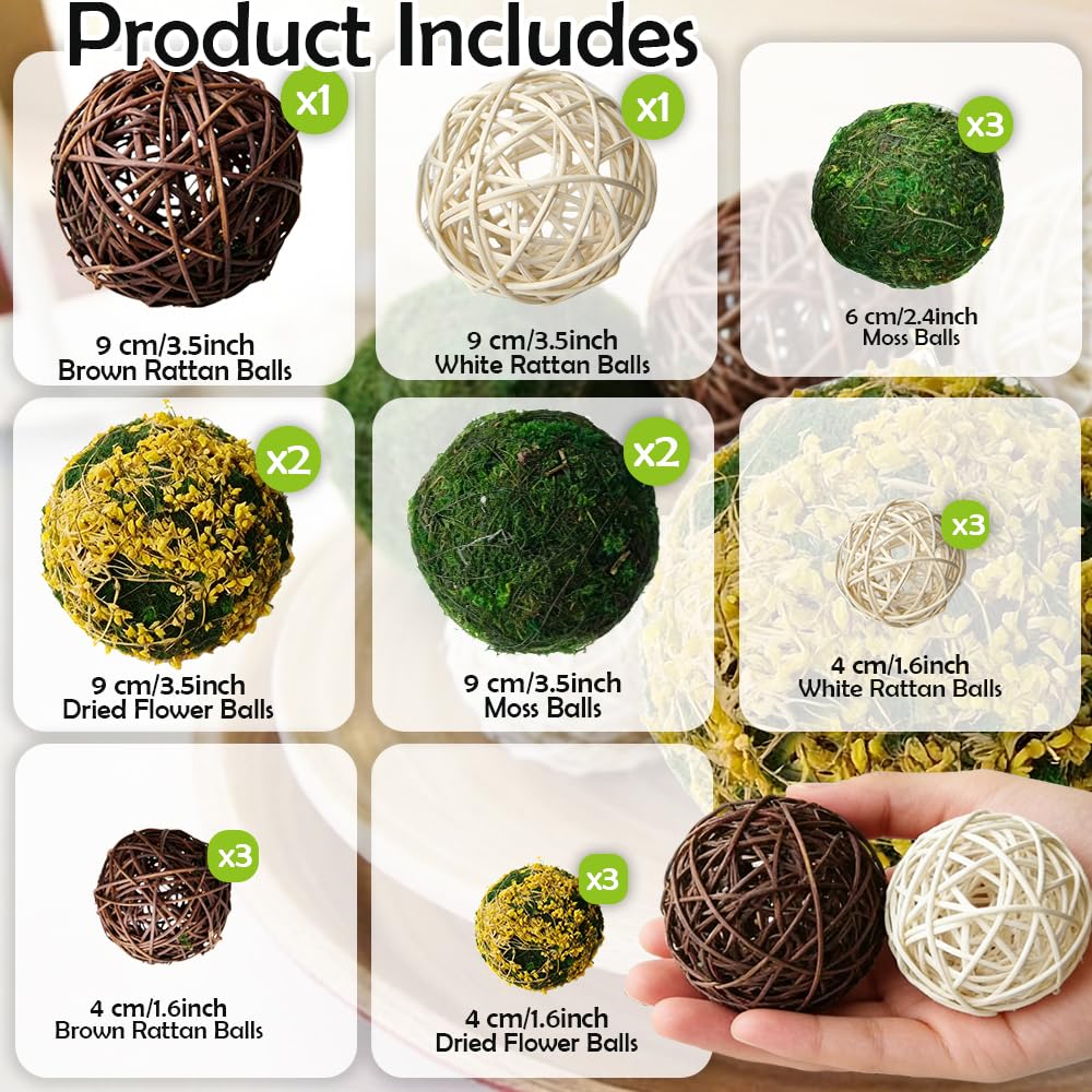 Tinsow 18Pcs Decorative Balls for Bowls, Mixed Moss Balls, Rattan Wicker Orbs & Dried Floral Sphere Bowl Fillers Decor for Home Table Centerpiece Wedding
