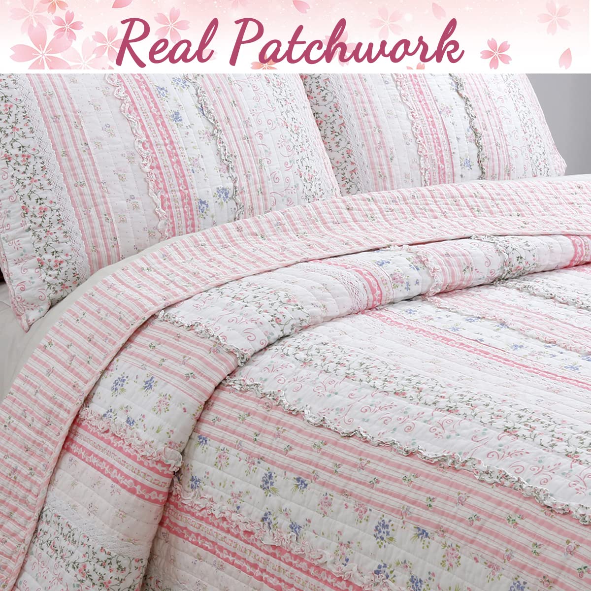 Cozy Line Home Fashions Pink Flower Lace Ruffle Stripe Shabby Chic Girl 100% Cotton Reversible Quilt Bedding Set, Coverlet, Bedspread (Pink Lace, Twin - 2 Piece: 1 Quilt + 1 Sham)