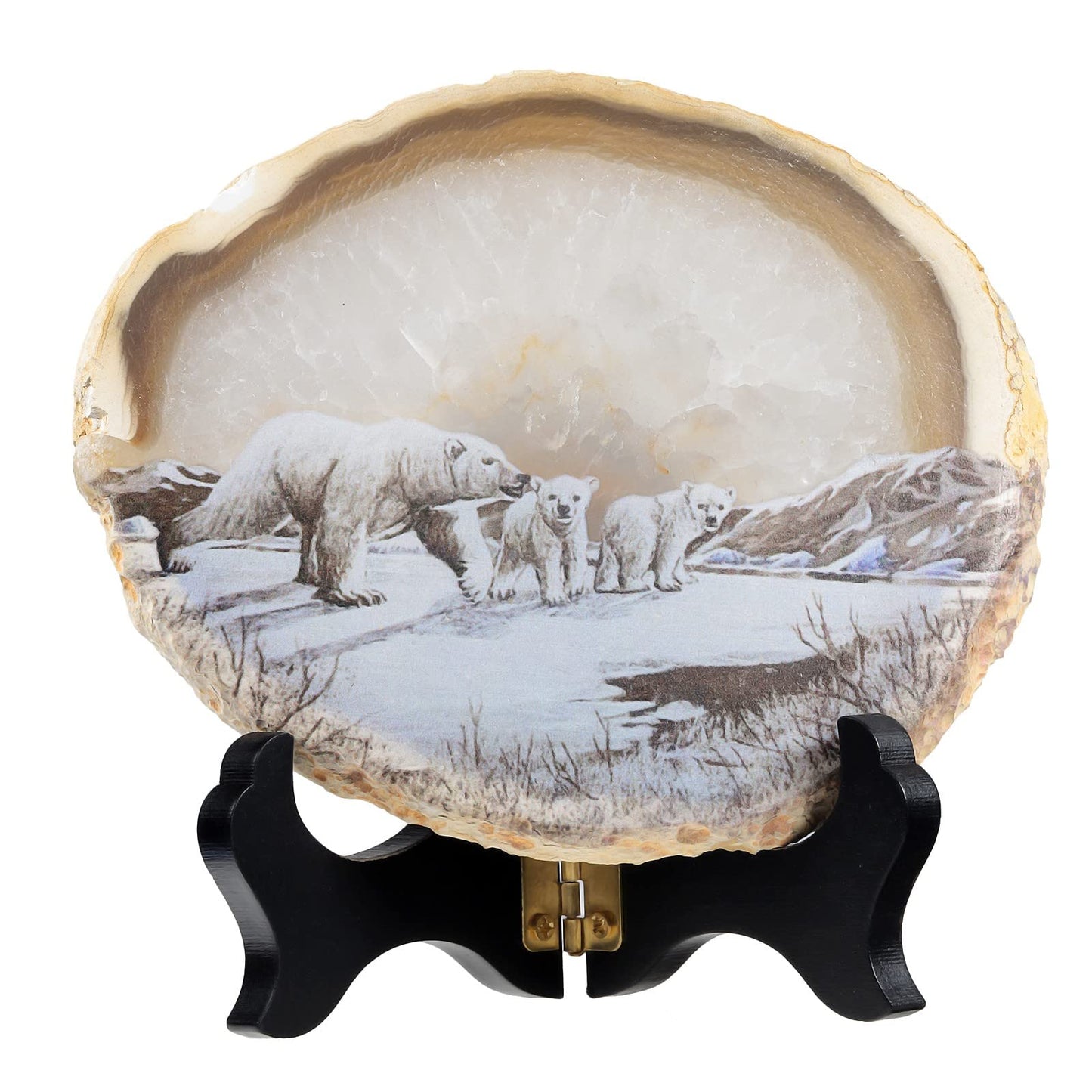 Nupuyai Natural Agate Stone Slice Decor for Home Office, Irregular Geode Agate Painting Artwork with Wooden Stand, Polar Bear