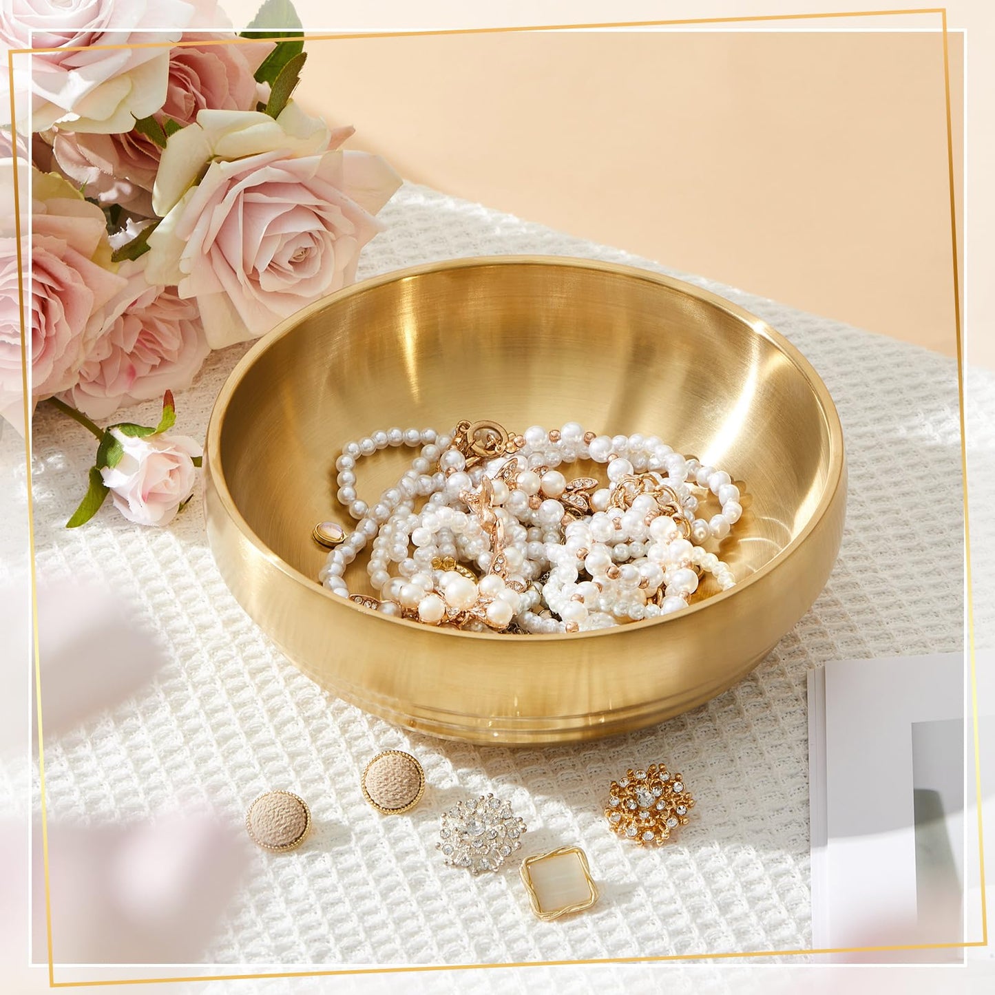 Teenyyou 2 Pcs 7.4 Inch Key Bowl Gold Large Decorative Bowl, Gold Fruit Dish for Entryway Table Key Holder Coffee Tables Centerpiece of Kitchen Counter and Home Decoration Gift