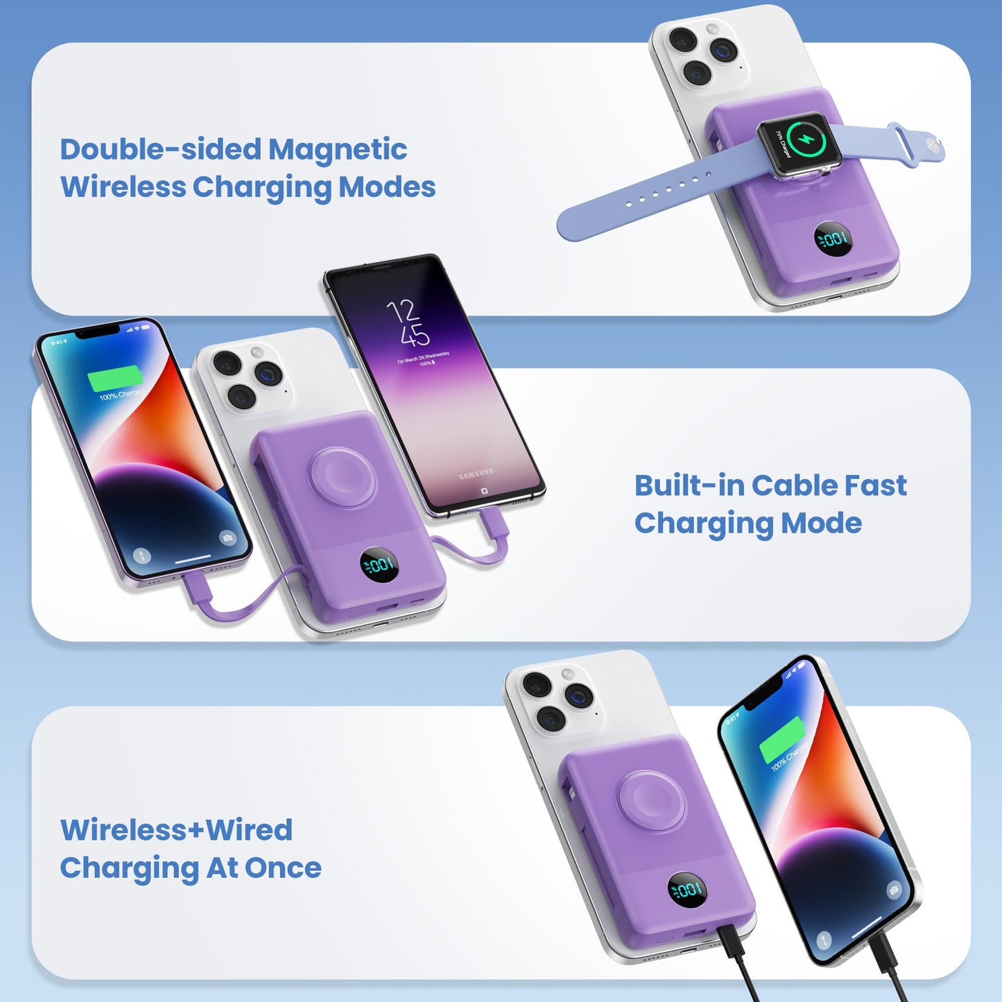 Magnetic Portable Charger 10800mAh for iPhone with Built-in Cables, 6-in-1 Wireless Power Bank with iWatch Charger, LCD Display 25W PD Fast Charging Battery Pack for iPhone 16/15/14/13/12, Apple Watch